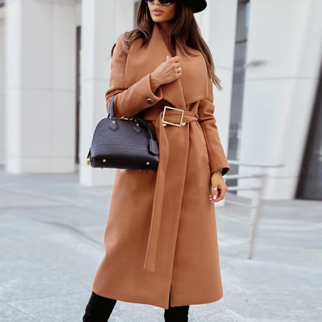 Women's Belted Long-Line V-Neck Wool-Blend Trench Coat