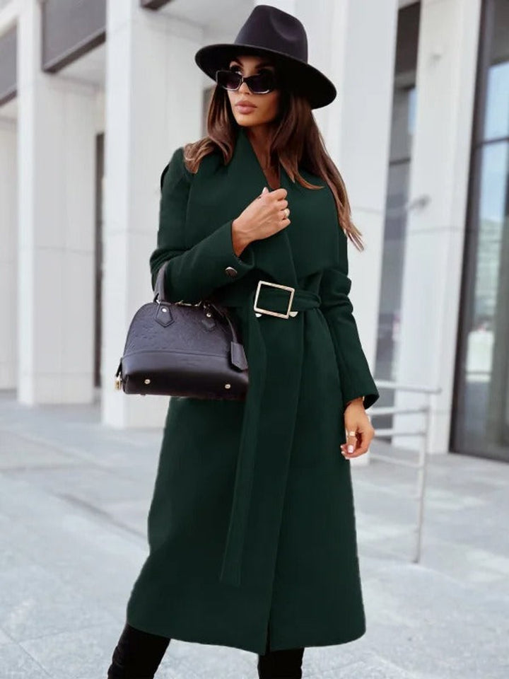 Women's Belted Long-Line V-Neck Wool-Blend Trench Coat
