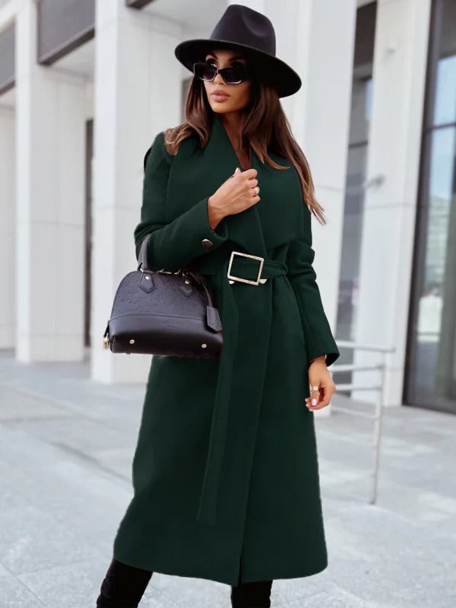 Women's Belted Long-Line V-Neck Wool-Blend Trench Coat