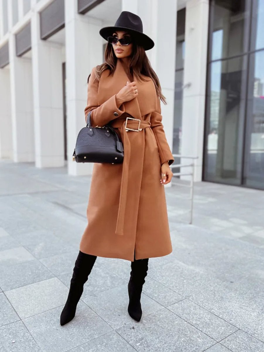 Women's Belted Long-Line V-Neck Wool-Blend Trench Coat