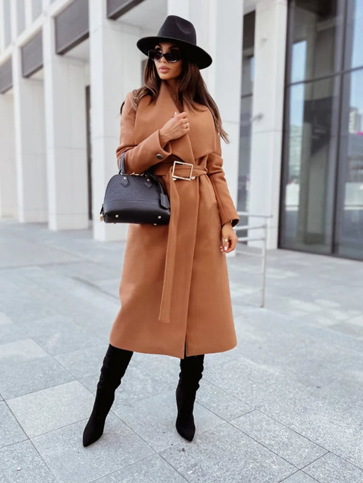 Women's Belted Long-Line V-Neck Wool-Blend Trench Coat