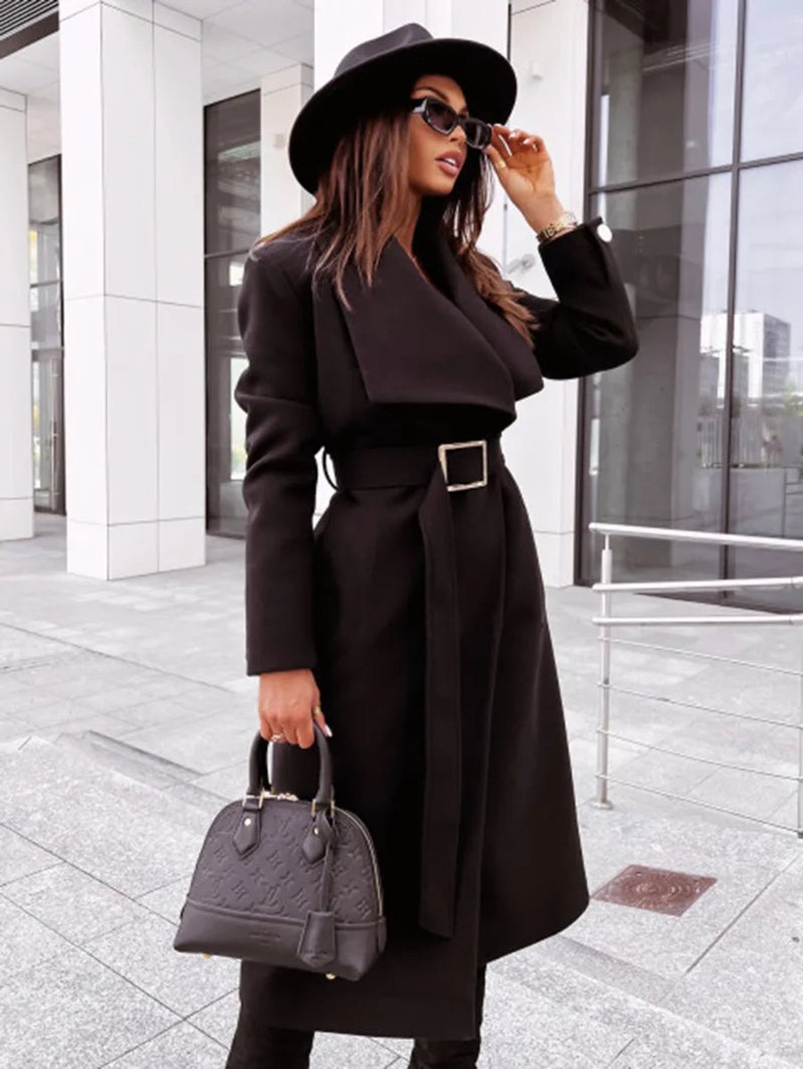 Women's Belted Long-Line V-Neck Wool-Blend Trench Coat