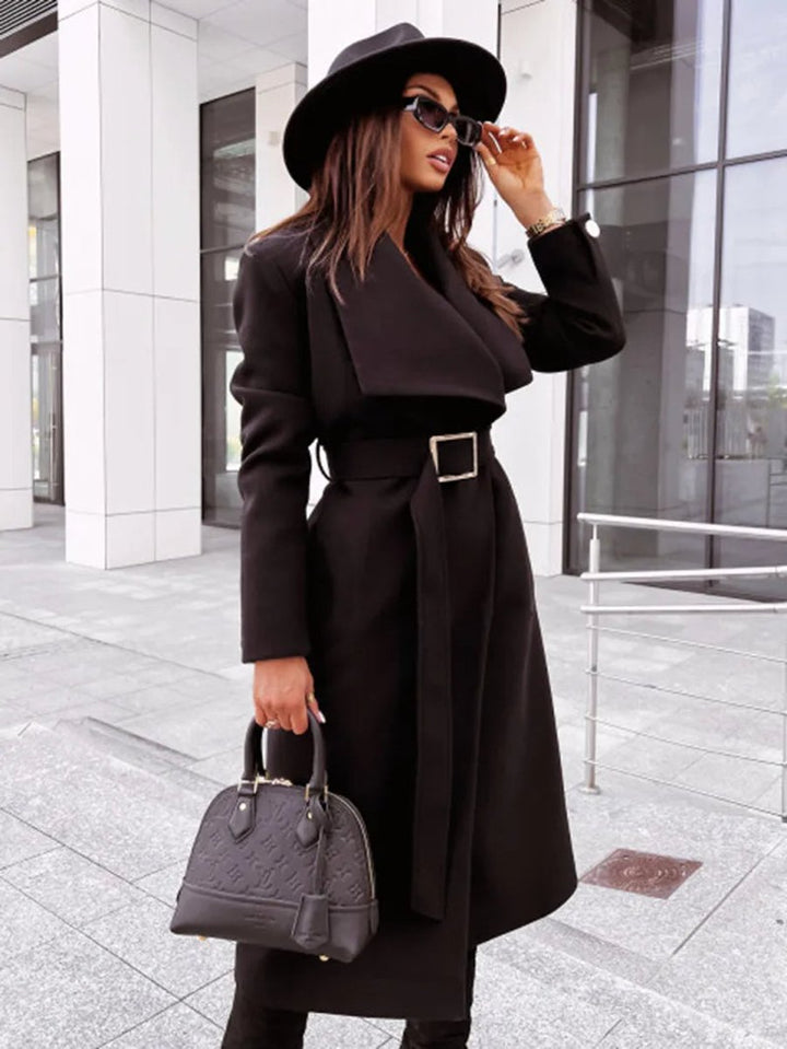 Women's Belted Long-Line V-Neck Wool-Blend Trench Coat