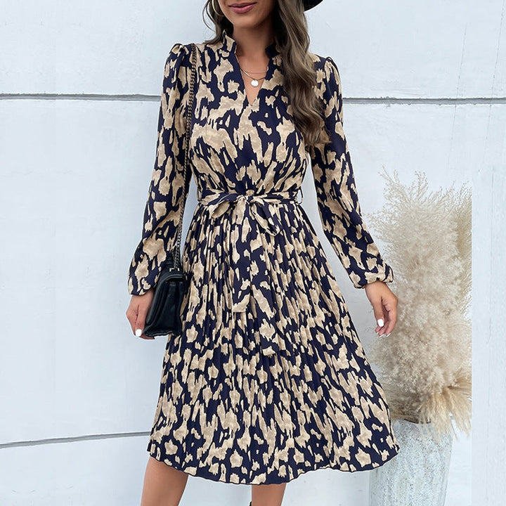 Women's Belted Pleated V-Neck Long Sleeve Fall Midi Dress