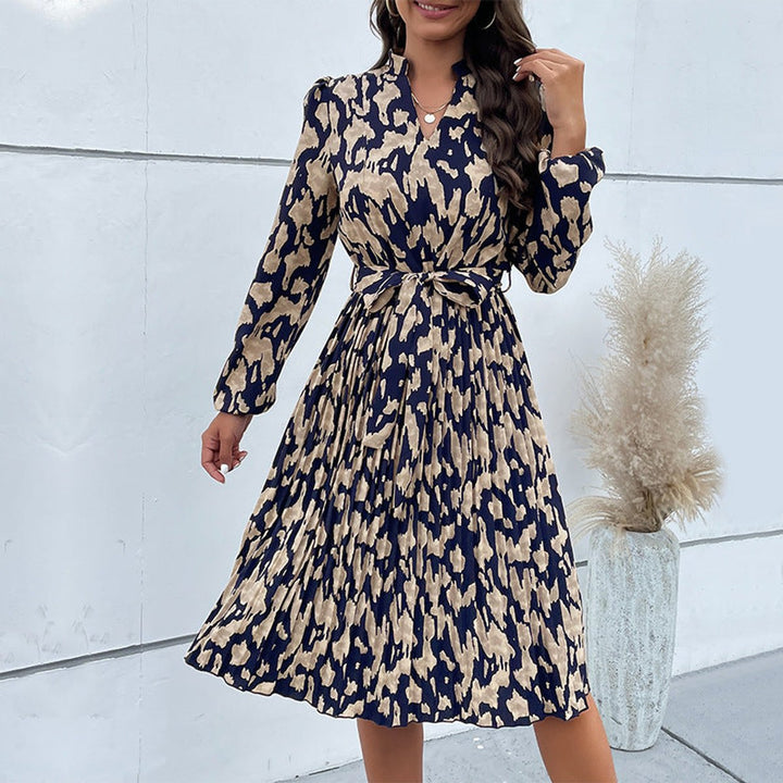 Women's Belted Pleated V-Neck Long Sleeve Fall Midi Dress