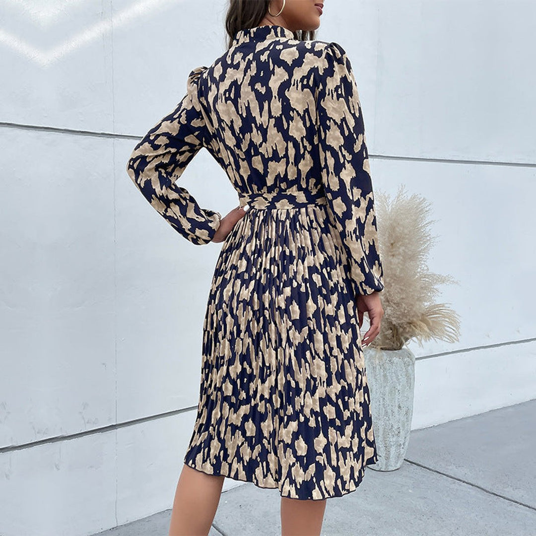 Women's Belted Pleated V-Neck Long Sleeve Fall Midi Dress