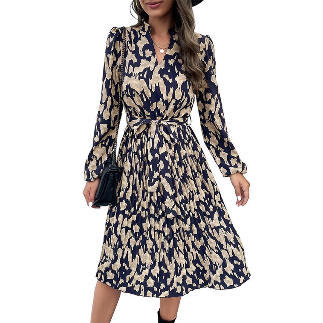Women's Belted Pleated V-Neck Long Sleeve Fall Midi Dress