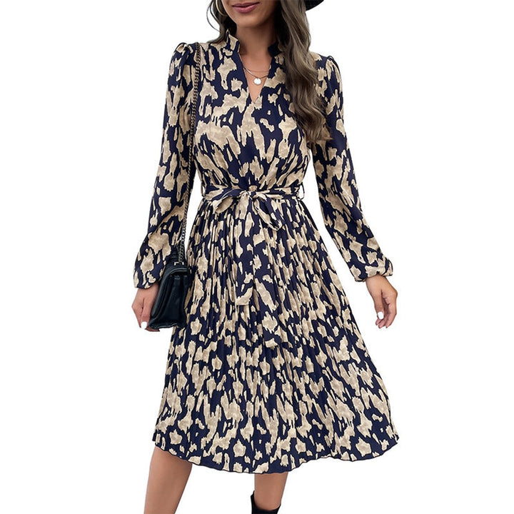 Women's Belted Pleated V-Neck Long Sleeve Fall Midi Dress