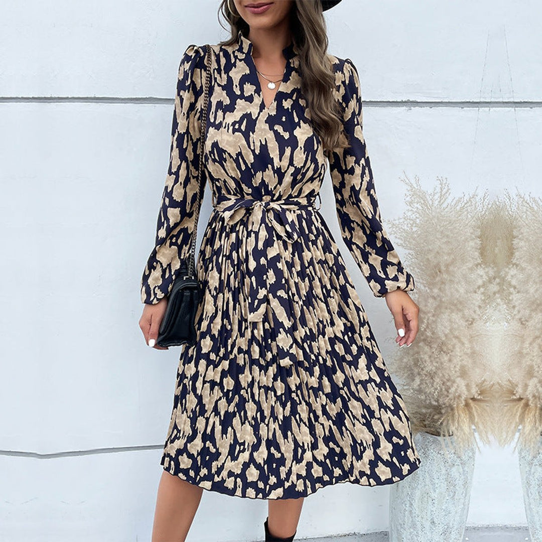 Women's Belted Pleated V-Neck Long Sleeve Fall Midi Dress