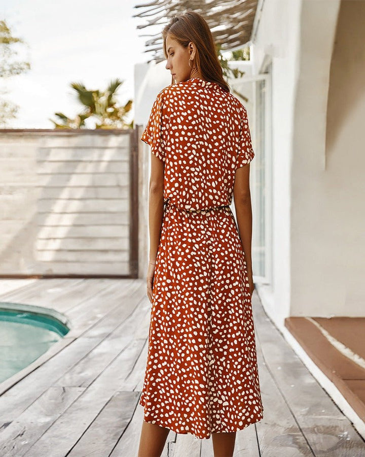 Women's Belted Polka Dot Fall Midi Dress Short Sleeve Button-Down