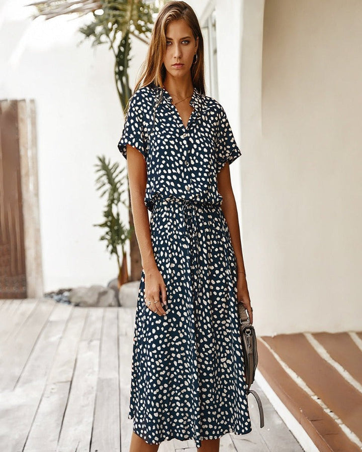 Women's Belted Polka Dot Fall Midi Dress Short Sleeve Button-Down