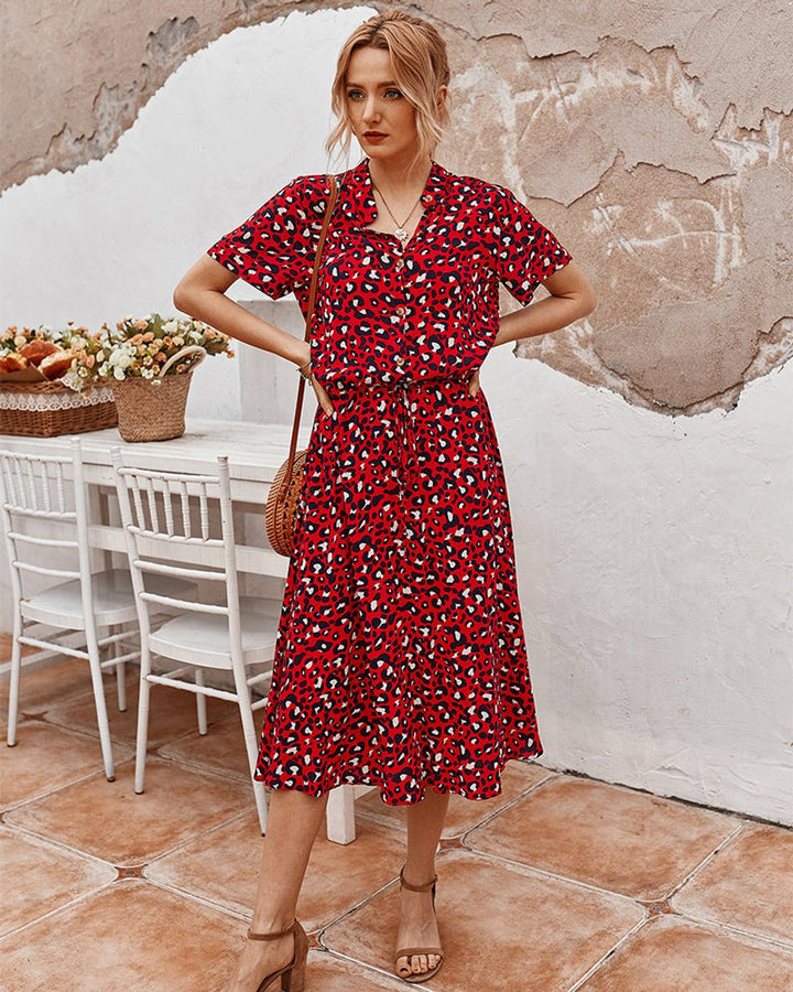 Women's Belted Polka Dot Fall Midi Dress Short Sleeve Button-Down
