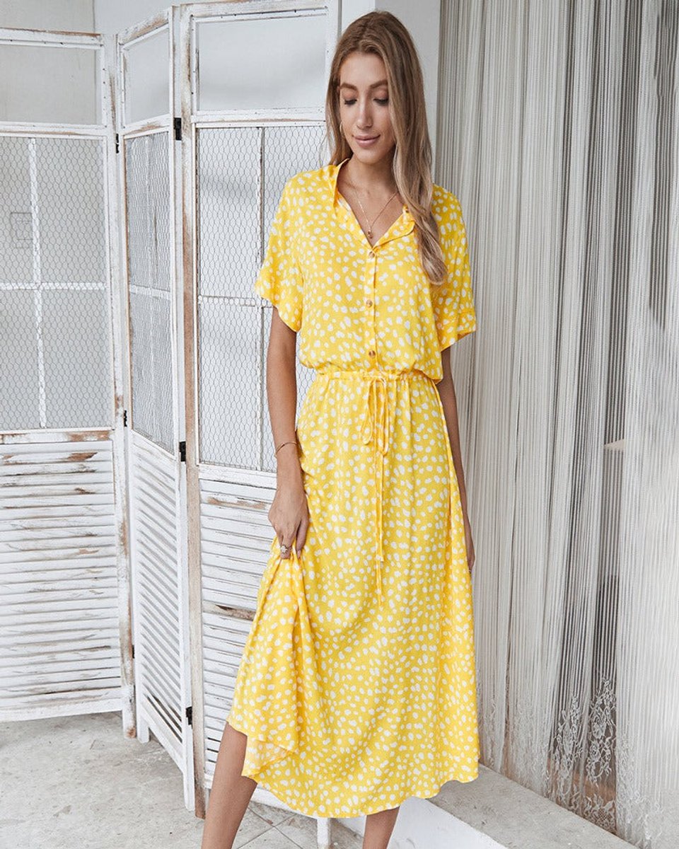 Women's Belted Polka Dot Fall Midi Dress Short Sleeve Button-Down