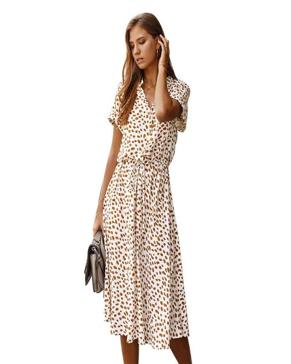 Women's Belted Polka Dot Fall Midi Dress Short Sleeve Button-Down