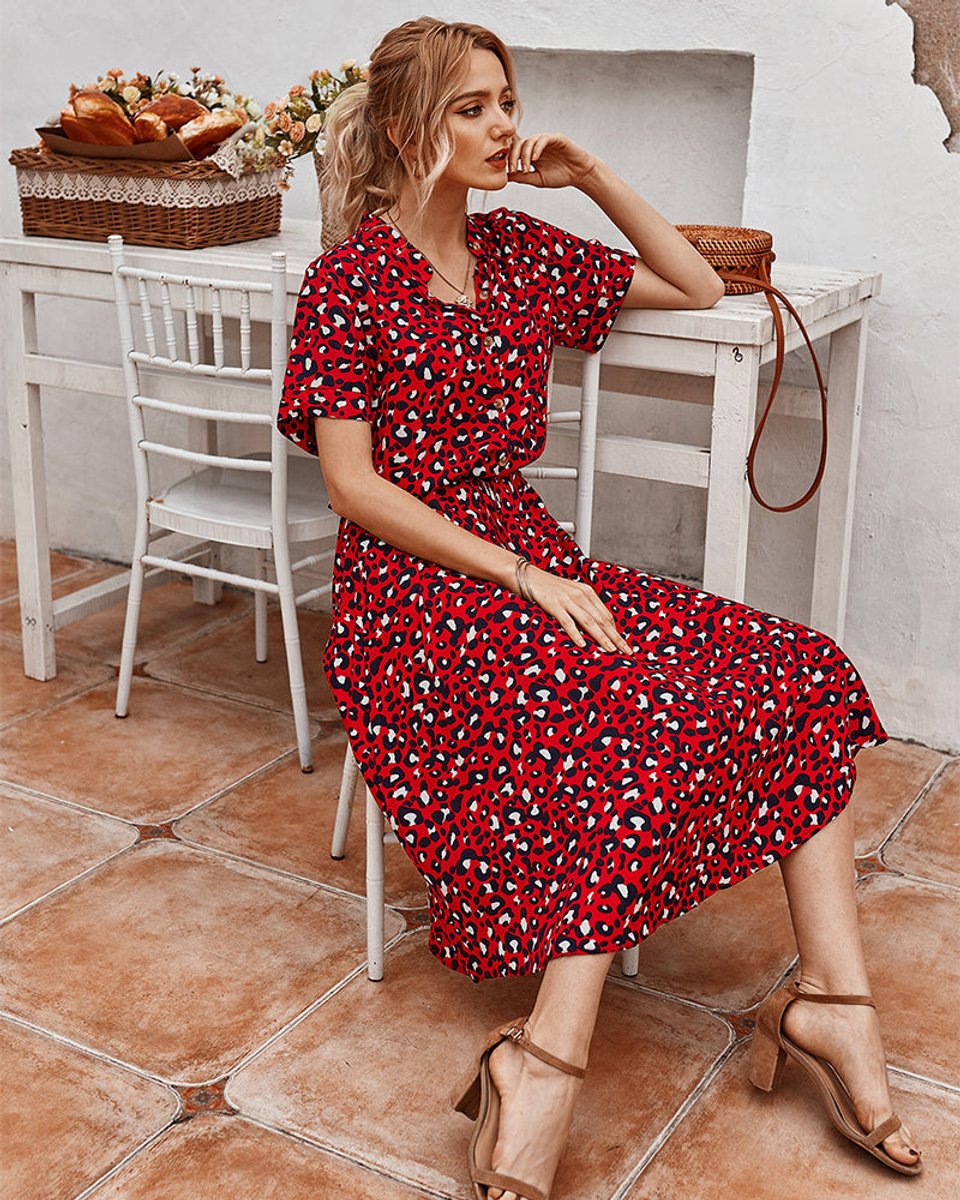 Women's Belted Polka Dot Fall Midi Dress Short Sleeve Button-Down
