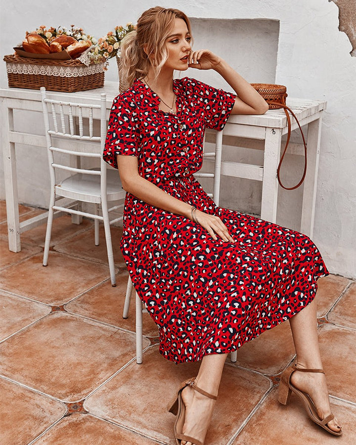 Women's Belted Polka Dot Fall Midi Dress Short Sleeve Button-Down
