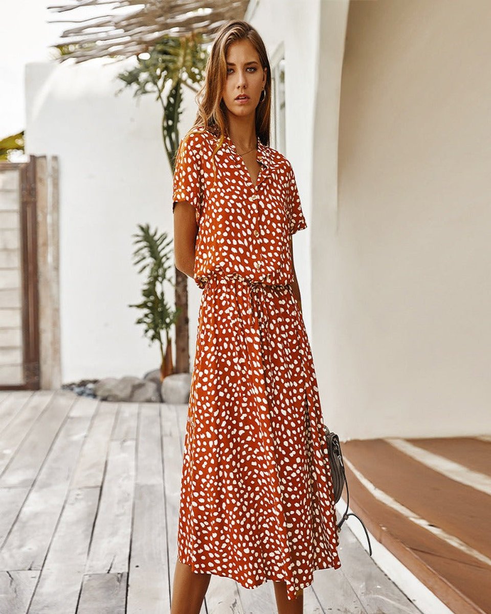 Women's Belted Polka Dot Fall Midi Dress Short Sleeve Button-Down