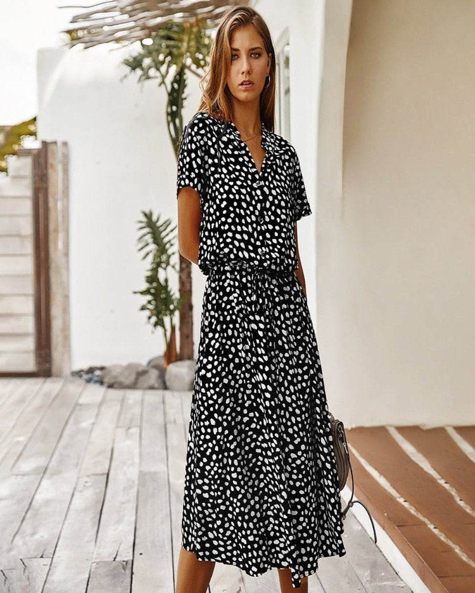 Women's Belted Polka Dot Fall Midi Dress Short Sleeve Button-Down
