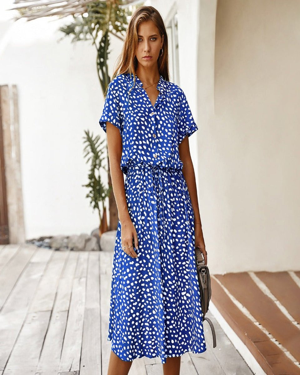 Women's Belted Polka Dot Fall Midi Dress Short Sleeve Button-Down