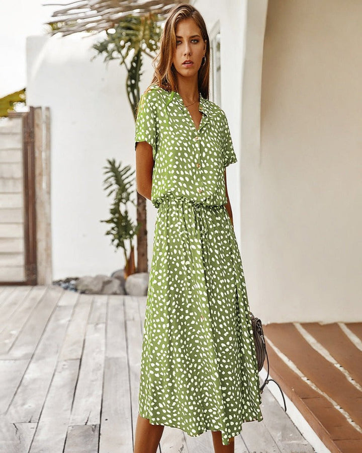 Women's Belted Polka Dot Fall Midi Dress Short Sleeve Button-Down