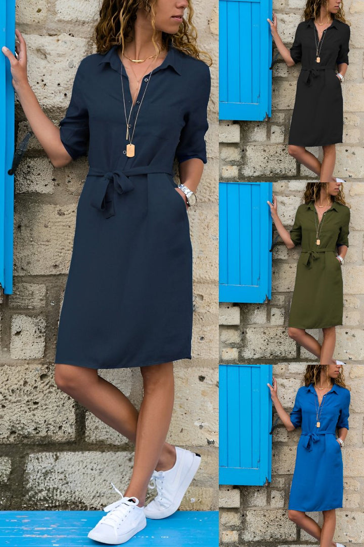 Women's Belted Short-Sleeve Fall Midi Dress Pockets