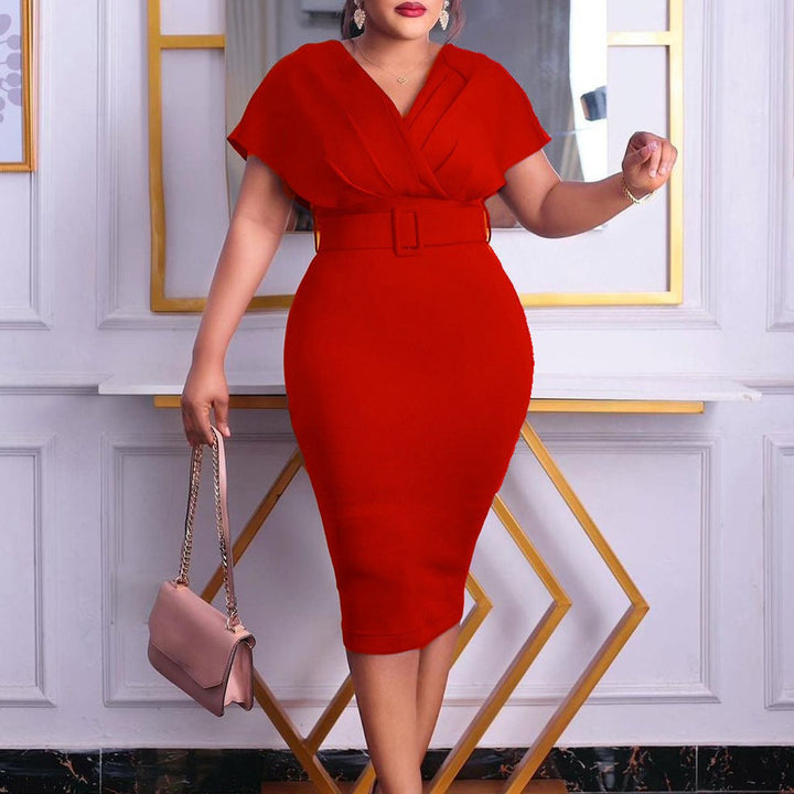 Women's Belted V-Neck Bodycon Fall Midi Dress