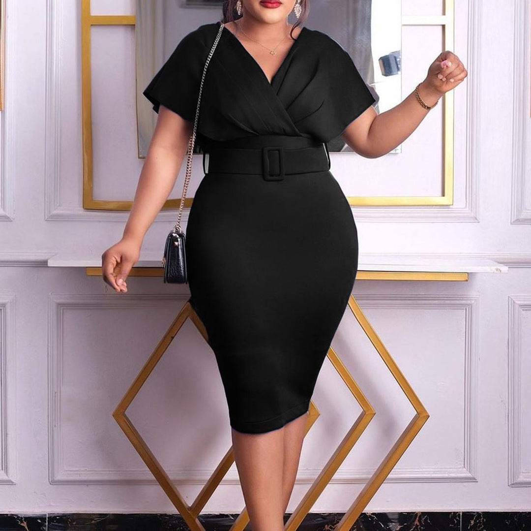 Women's Belted V-Neck Bodycon Fall Midi Dress