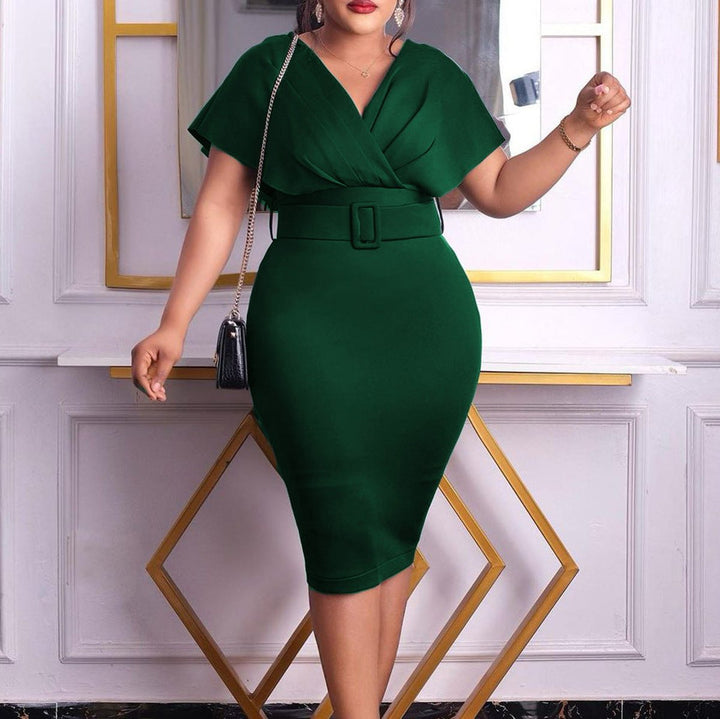 Women's Belted V-Neck Bodycon Fall Midi Dress