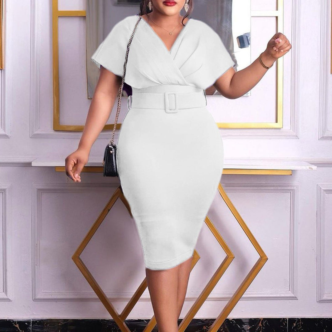 Women's Belted V-Neck Bodycon Fall Midi Dress