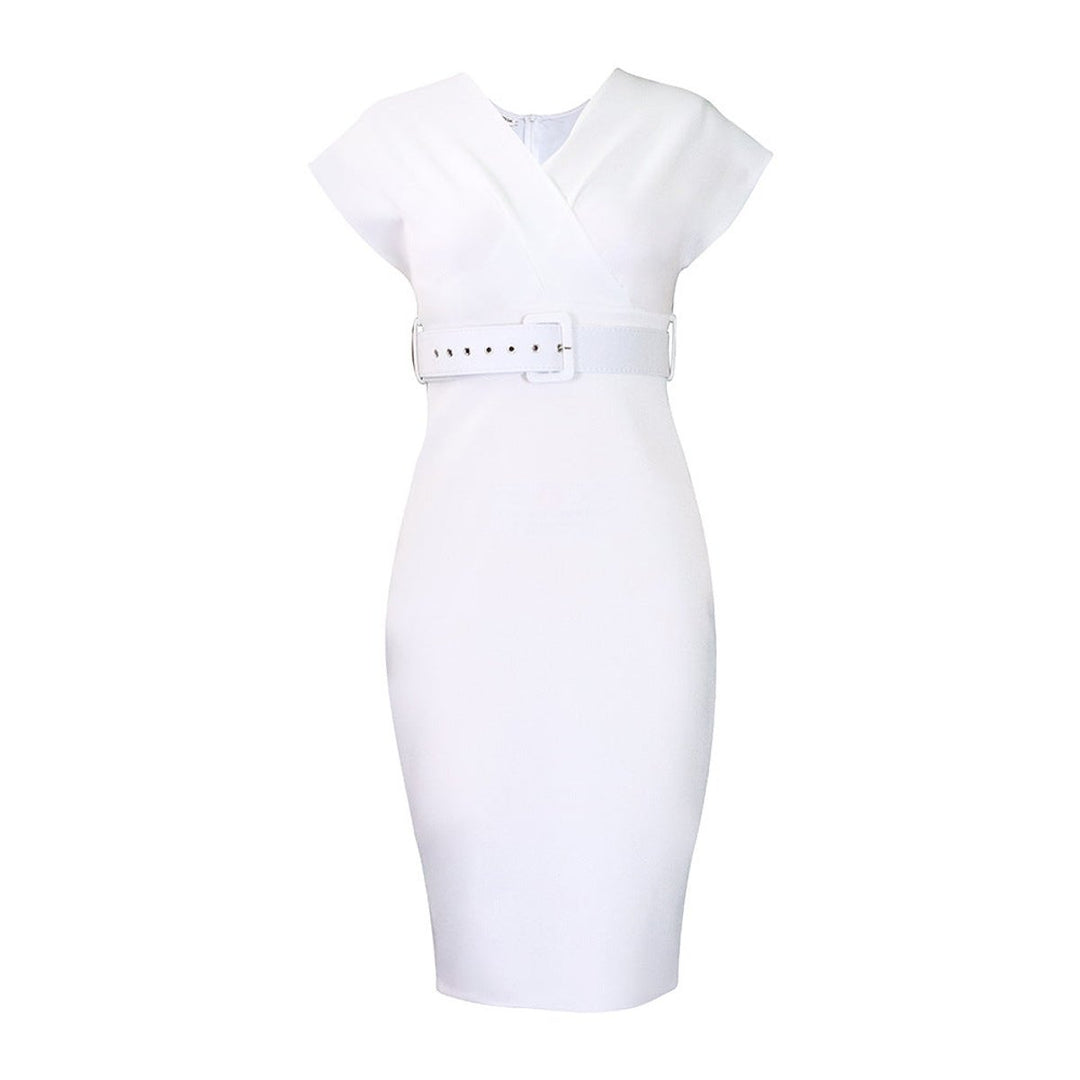 Women's Belted V-Neck Bodycon Fall Midi Dress