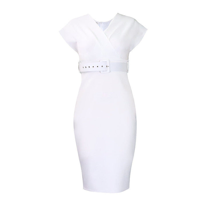 Women's Belted V-Neck Bodycon Fall Midi Dress