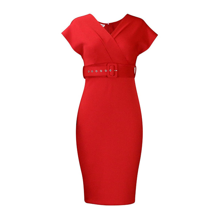 Women's Belted V-Neck Bodycon Fall Midi Dress
