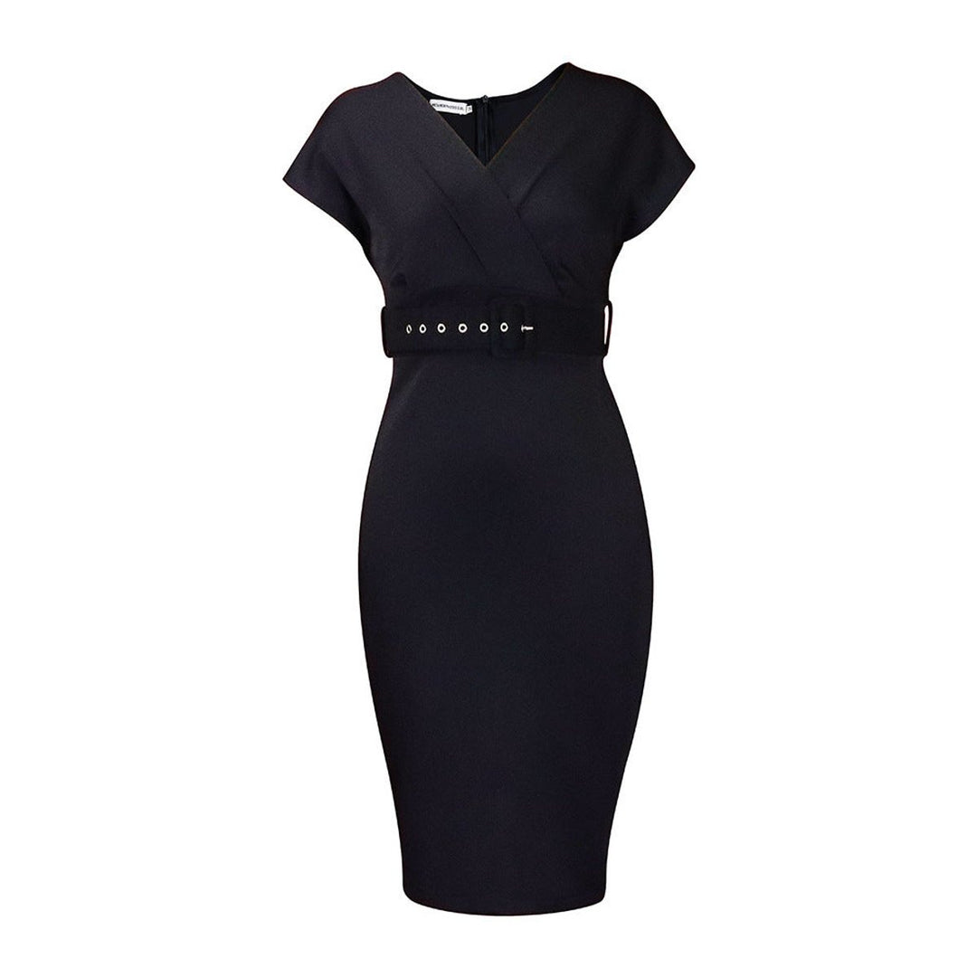 Women's Belted V-Neck Bodycon Fall Midi Dress