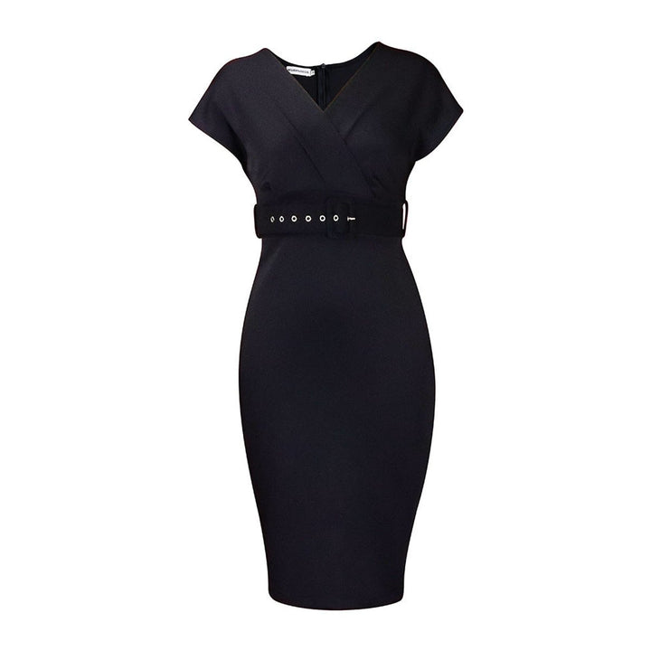 Women's Belted V-Neck Bodycon Fall Midi Dress
