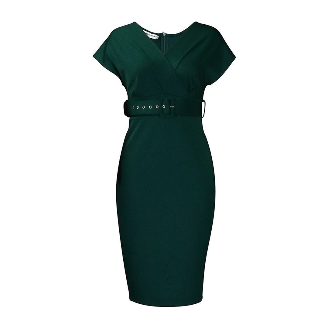 Women's Belted V-Neck Bodycon Fall Midi Dress