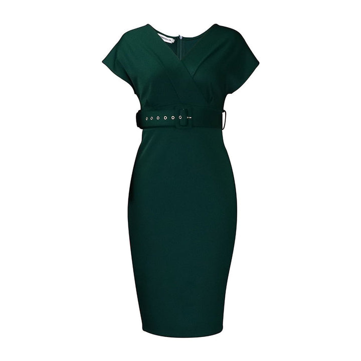 Women's Belted V-Neck Bodycon Fall Midi Dress