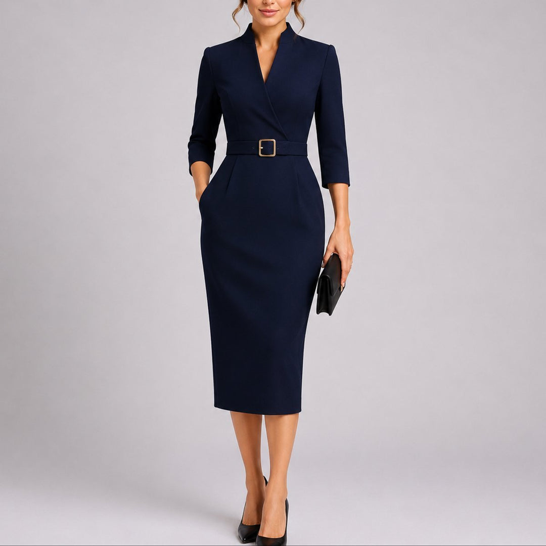 Women's Belted V-Neck Bodycon Midi Fall Wedding Guest Dress