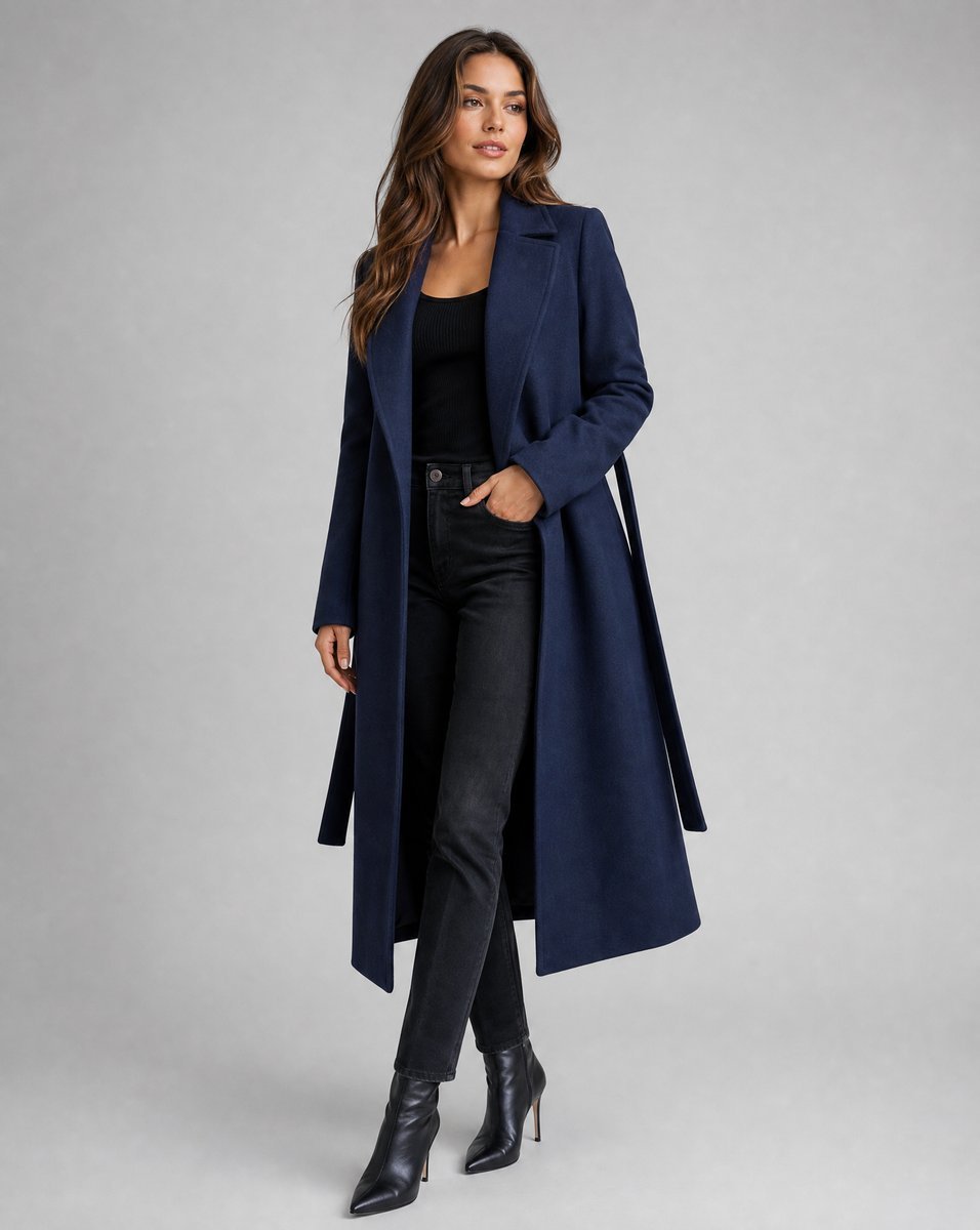 Women's Belted Wool-Blend Long-Line Lapel Trench Coat - Navy