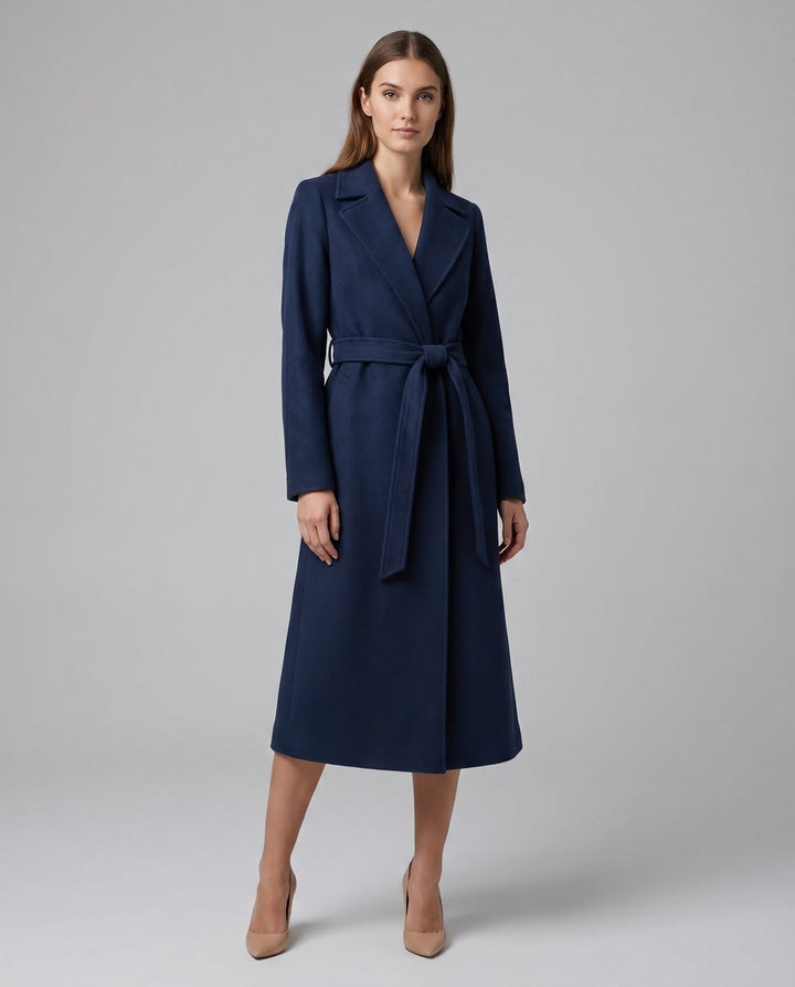 Women's Belted Wool-Blend Long-Line Lapel Trench Coat