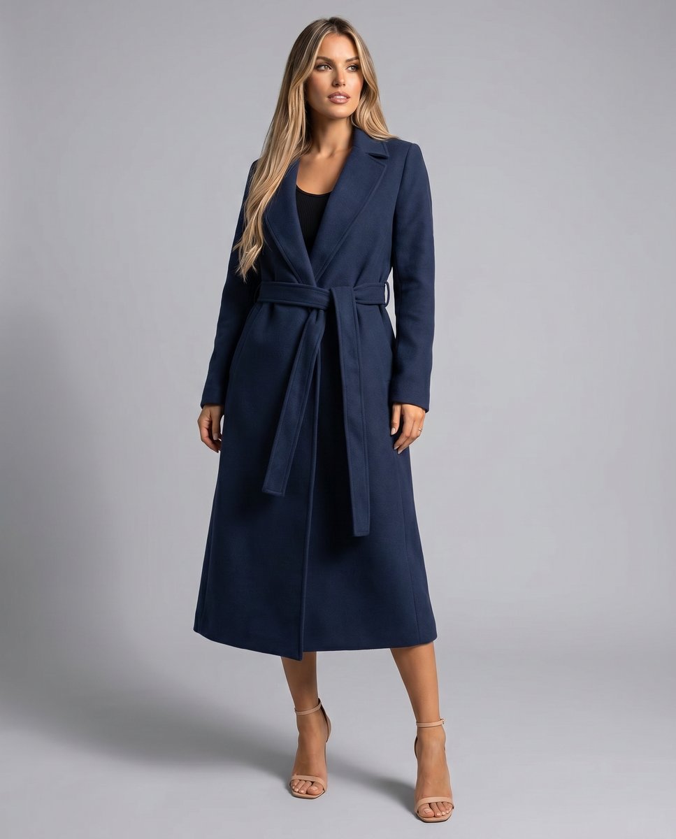 Women's Belted Wool-Blend Long-Line Lapel Trench Coat