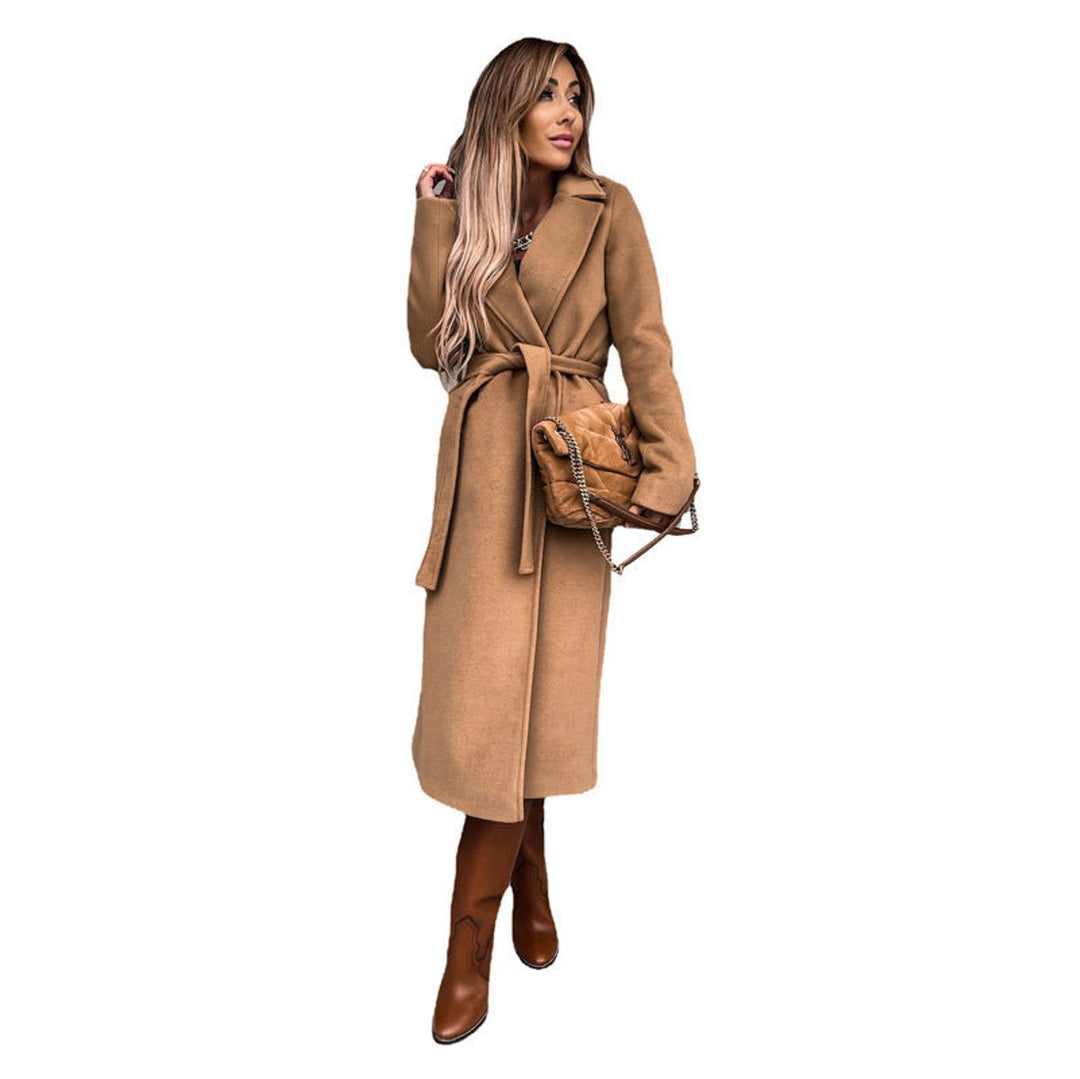 Women's Belted Wool-Blend Long Trench Coat Notch Lapel