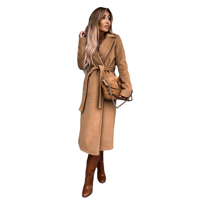 Women's Belted Wool-Blend Long Trench Coat Notch Lapel