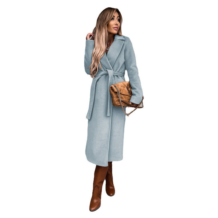 Women's Belted Wool-Blend Long Trench Coat Notch Lapel