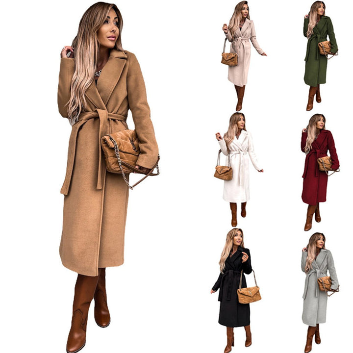 Women's Belted Wool-Blend Long Trench Coat Notch Lapel
