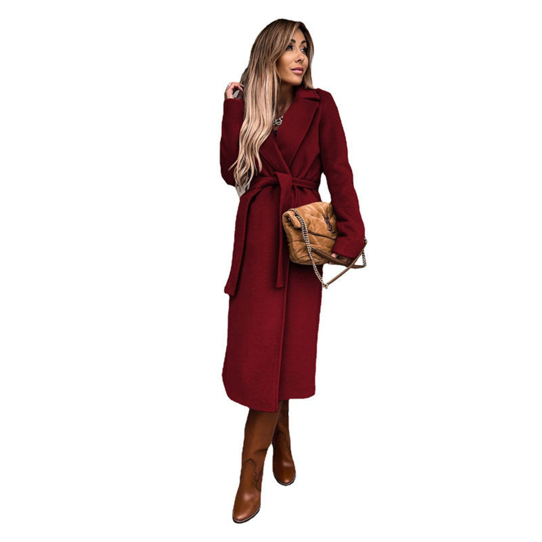 Women's Belted Wool-Blend Long Trench Coat Notch Lapel