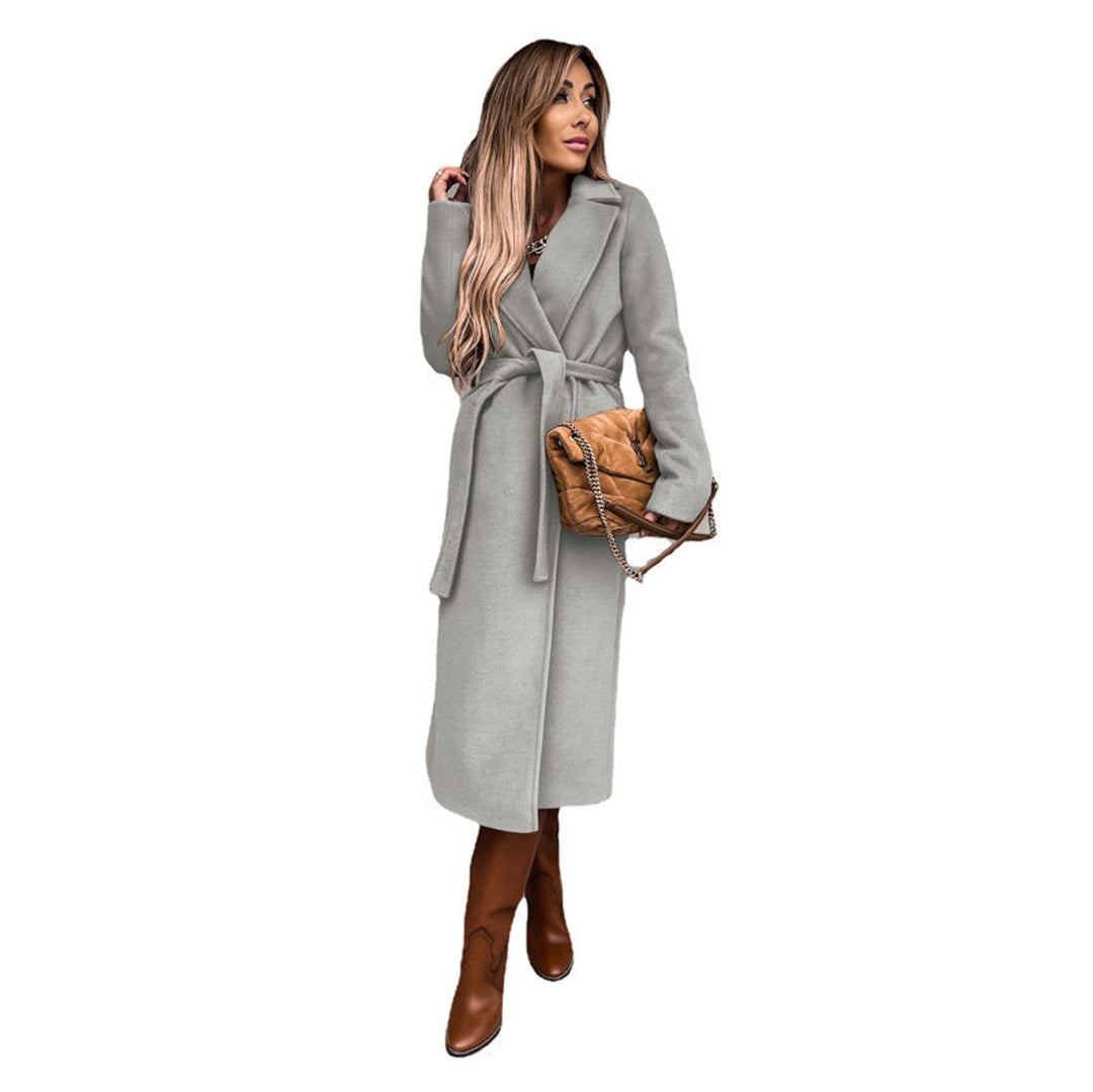 Women's Belted Wool-Blend Long Trench Coat Notch Lapel