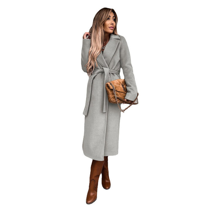 Women's Belted Wool-Blend Long Trench Coat Notch Lapel