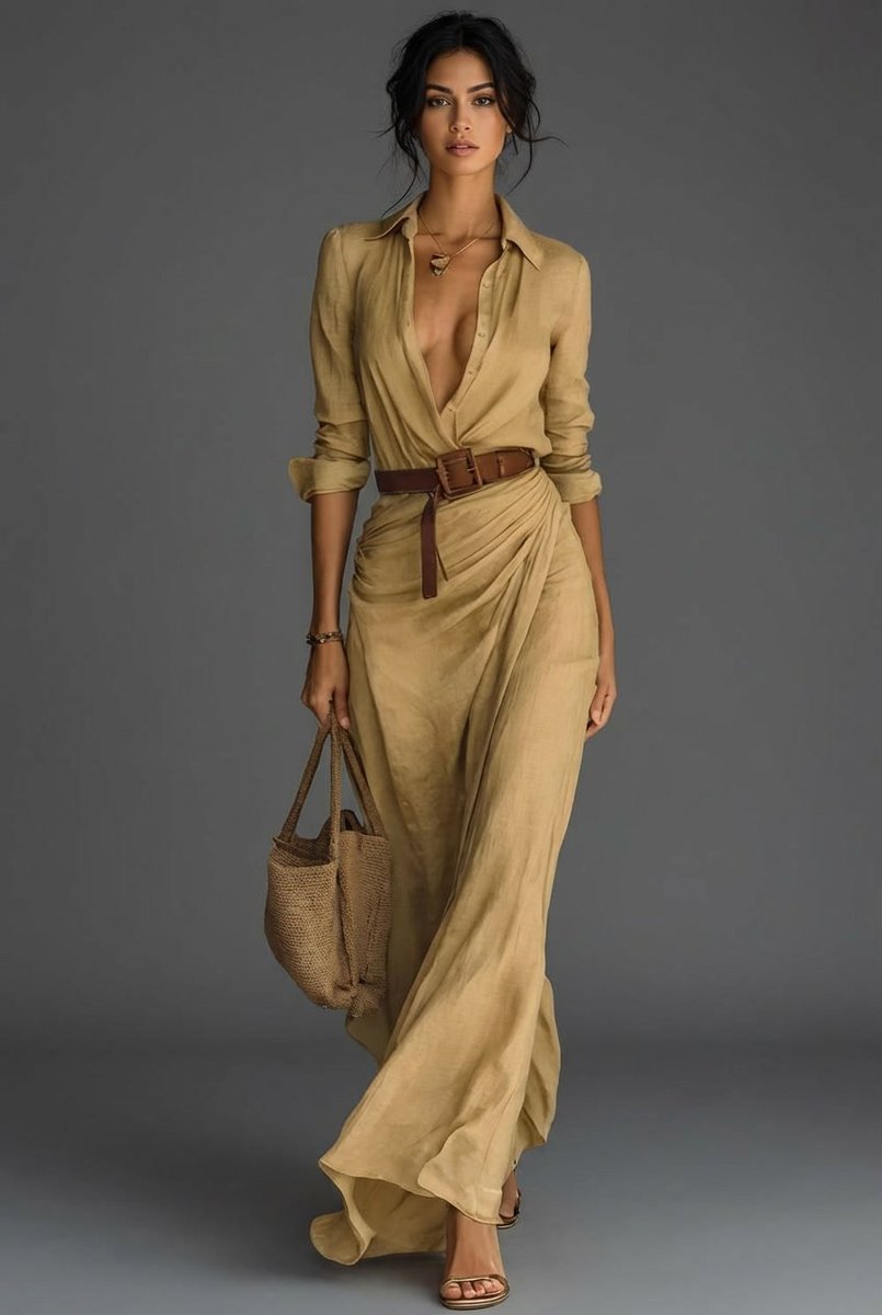 Women's Belted Wrap Long Sleeve Fall Dress Maxi - Khaki