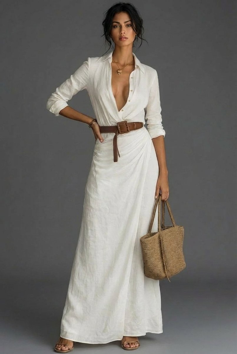 Women's Belted Wrap Long Sleeve Fall Dress Maxi - White
