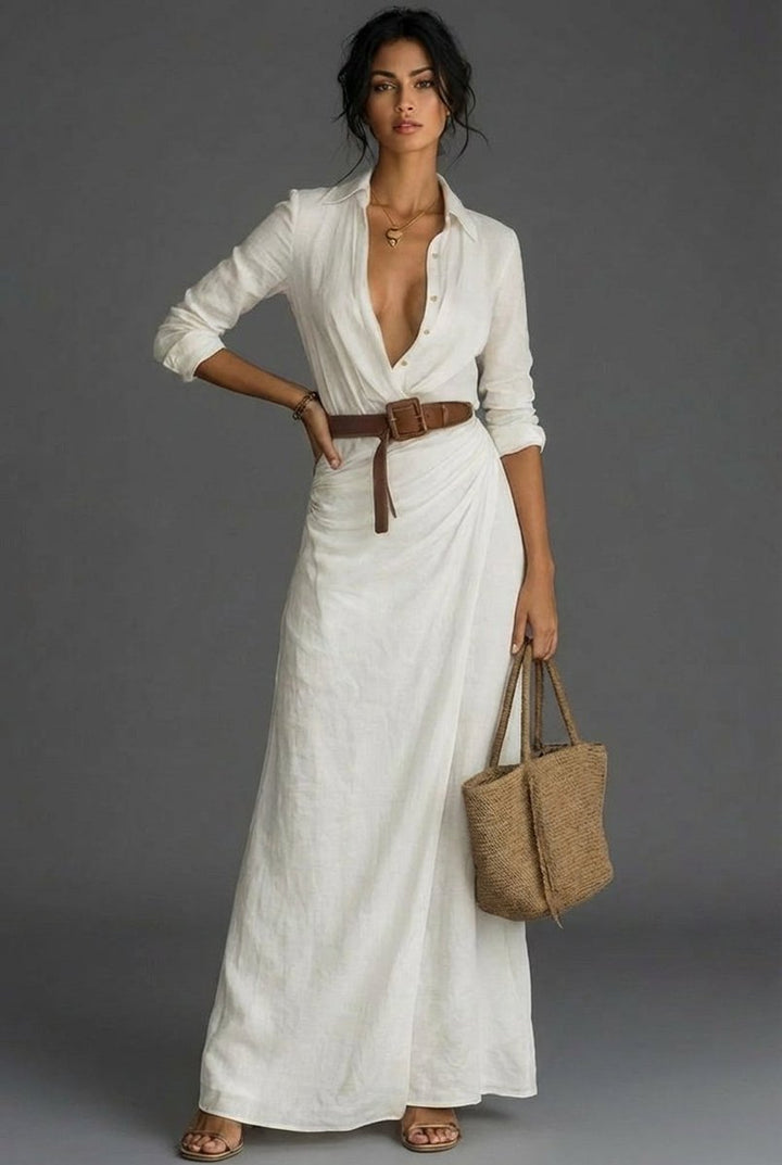 Women's Belted Wrap Long Sleeve Fall Dress Maxi - White
